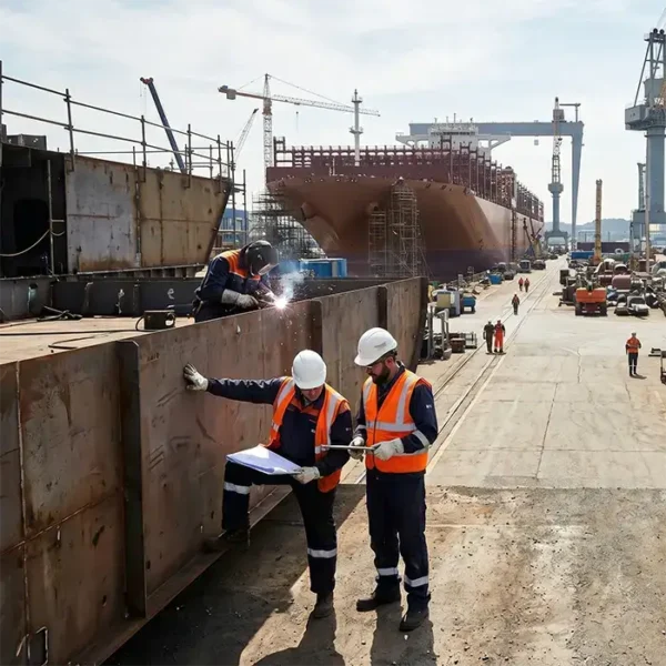Sudor naval, tubulatori și montatori structuri Argon lucrând la construcția unei nave într-un șantier naval modern.